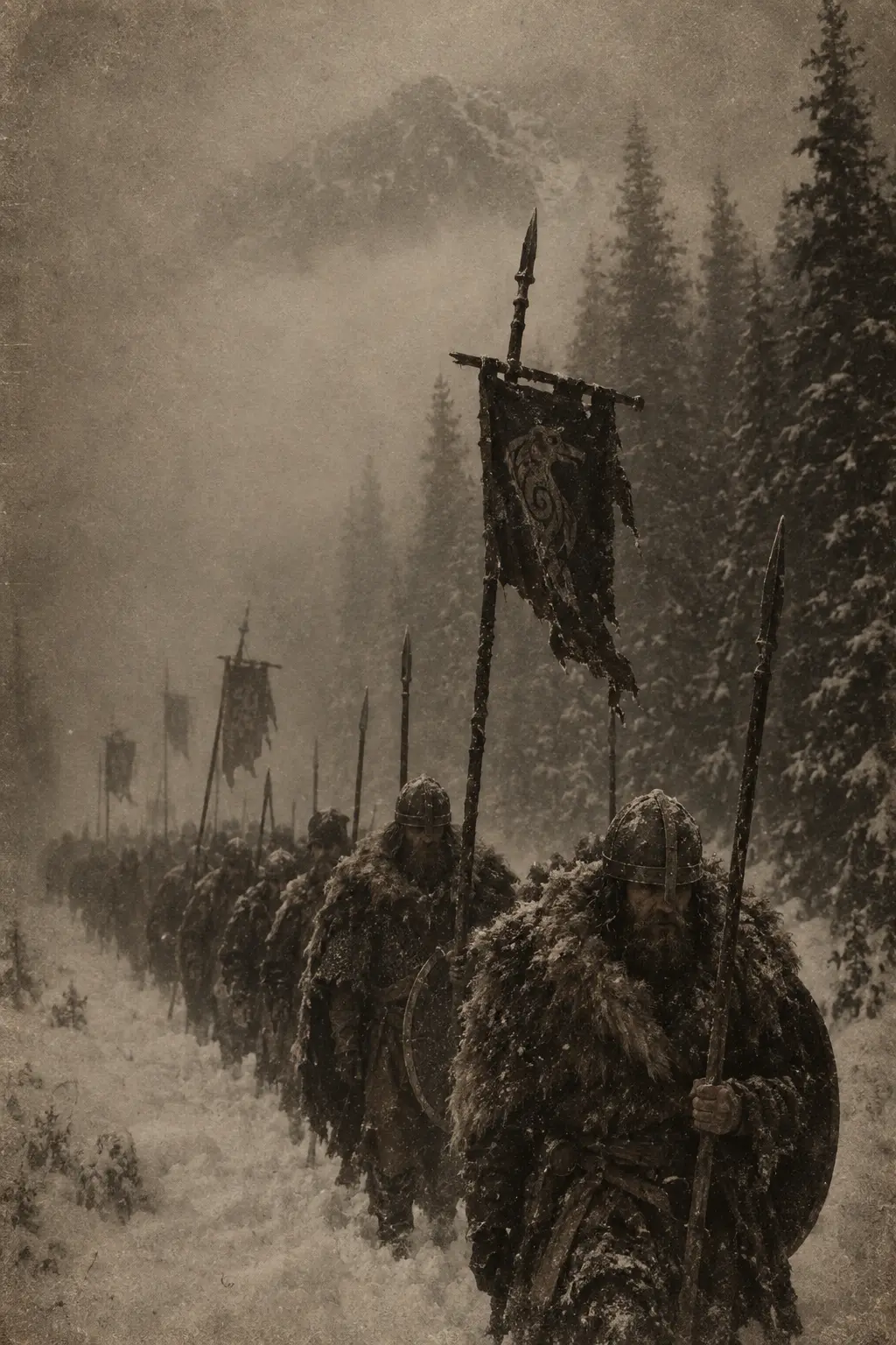 Zug der Eisenwölfe durch den Schnee